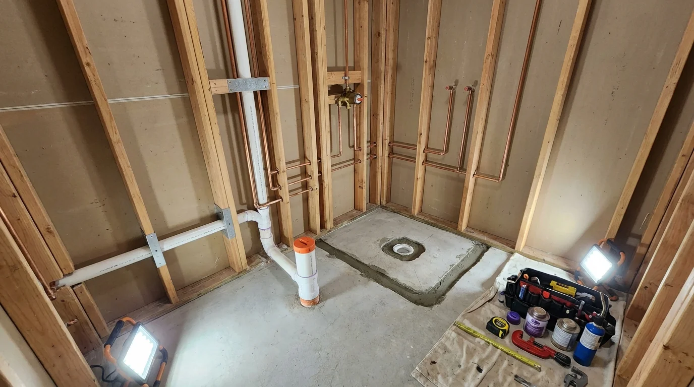 Bathroom rough-in plumbing during remodel by Johns Plumbing LLC in Mountain Top