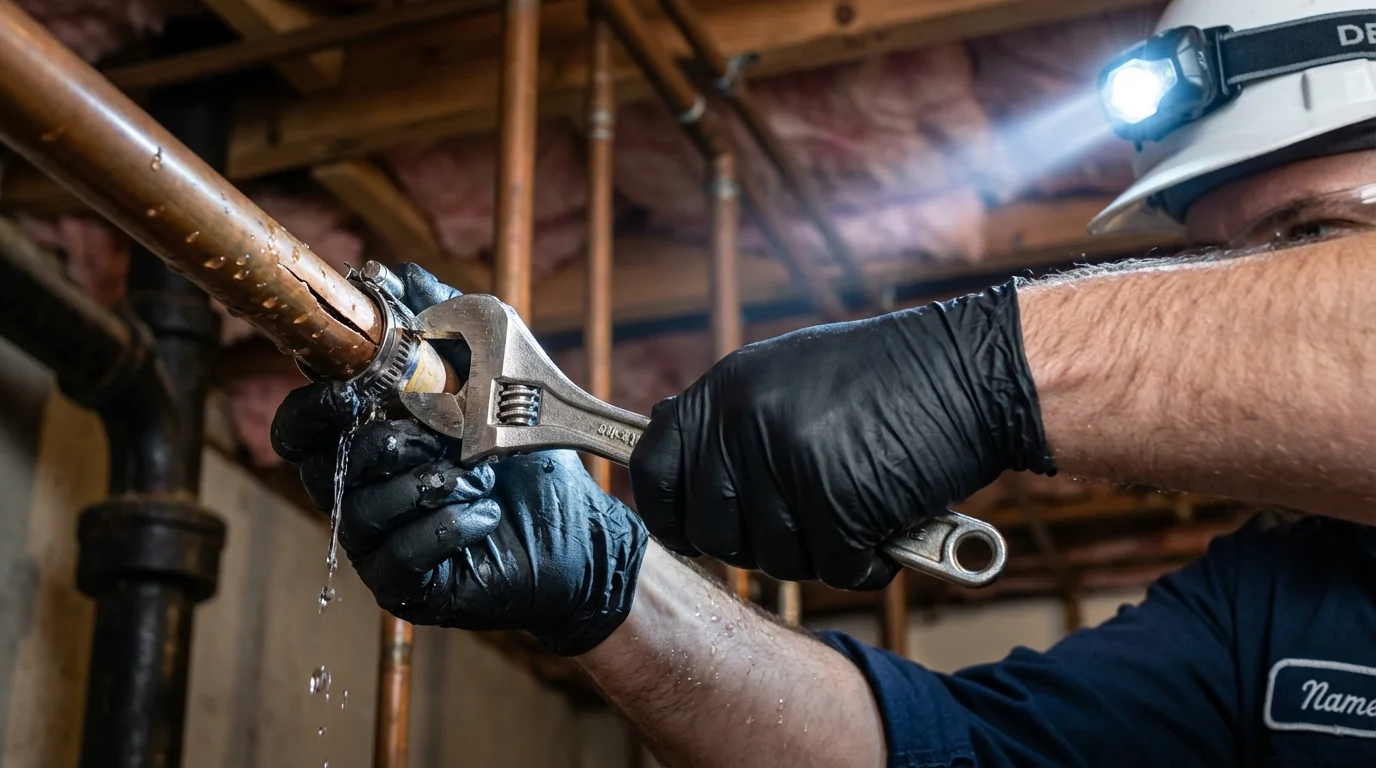 Emergency pipe clamp repair being performed by a Johns Plumbing LLC plumber in Mountain Top