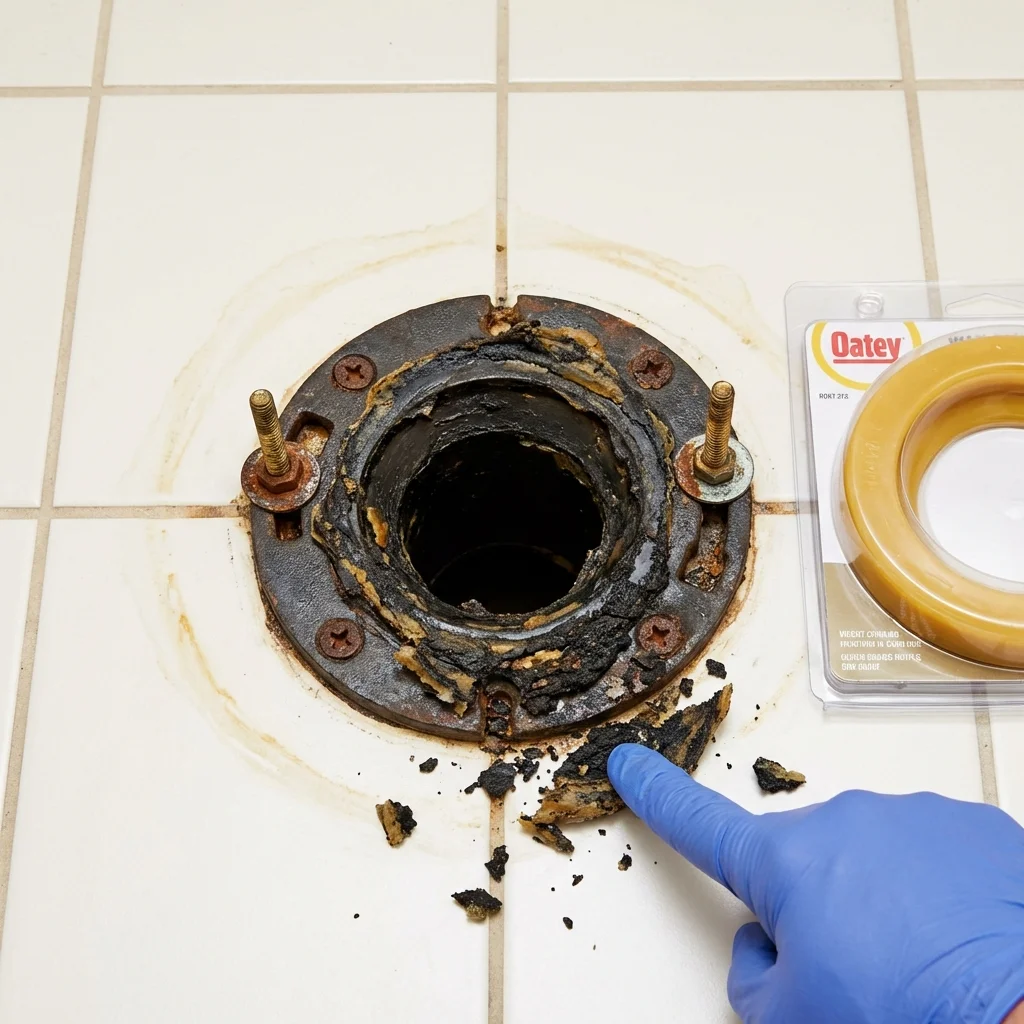 Failed wax ring showing water seepage at the base of a toilet in a Mountain Top, PA home