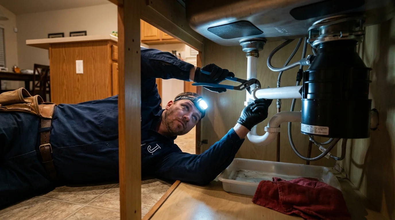 P-trap and supply line connections under a kitchen sink showing a common leak point in Mountain Top, PA
